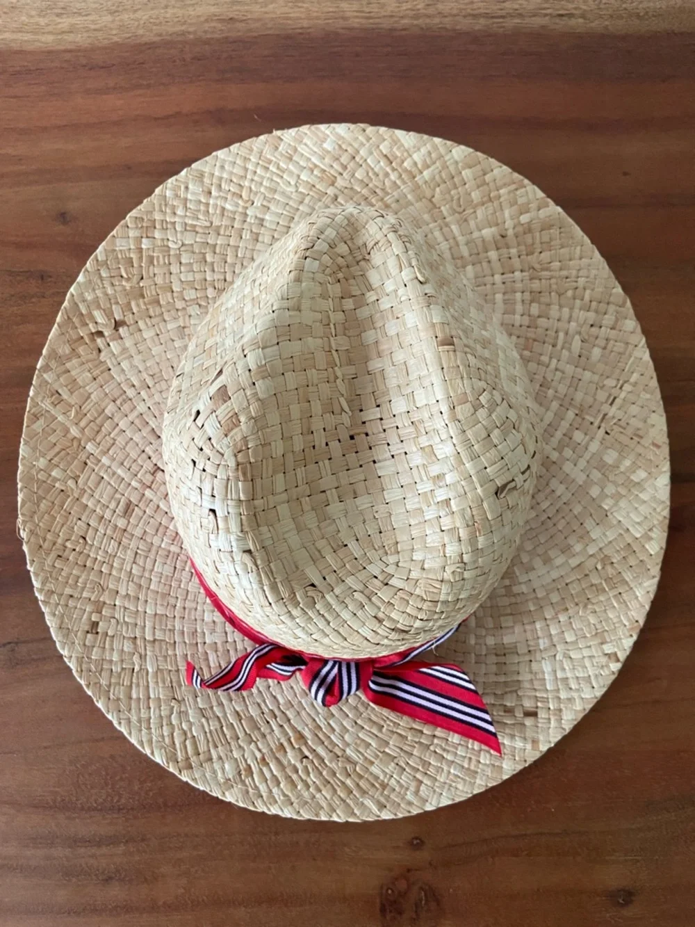 Forever 21 straw hat neutral tan woven summer hat with red ribbon band 57 cm M/L